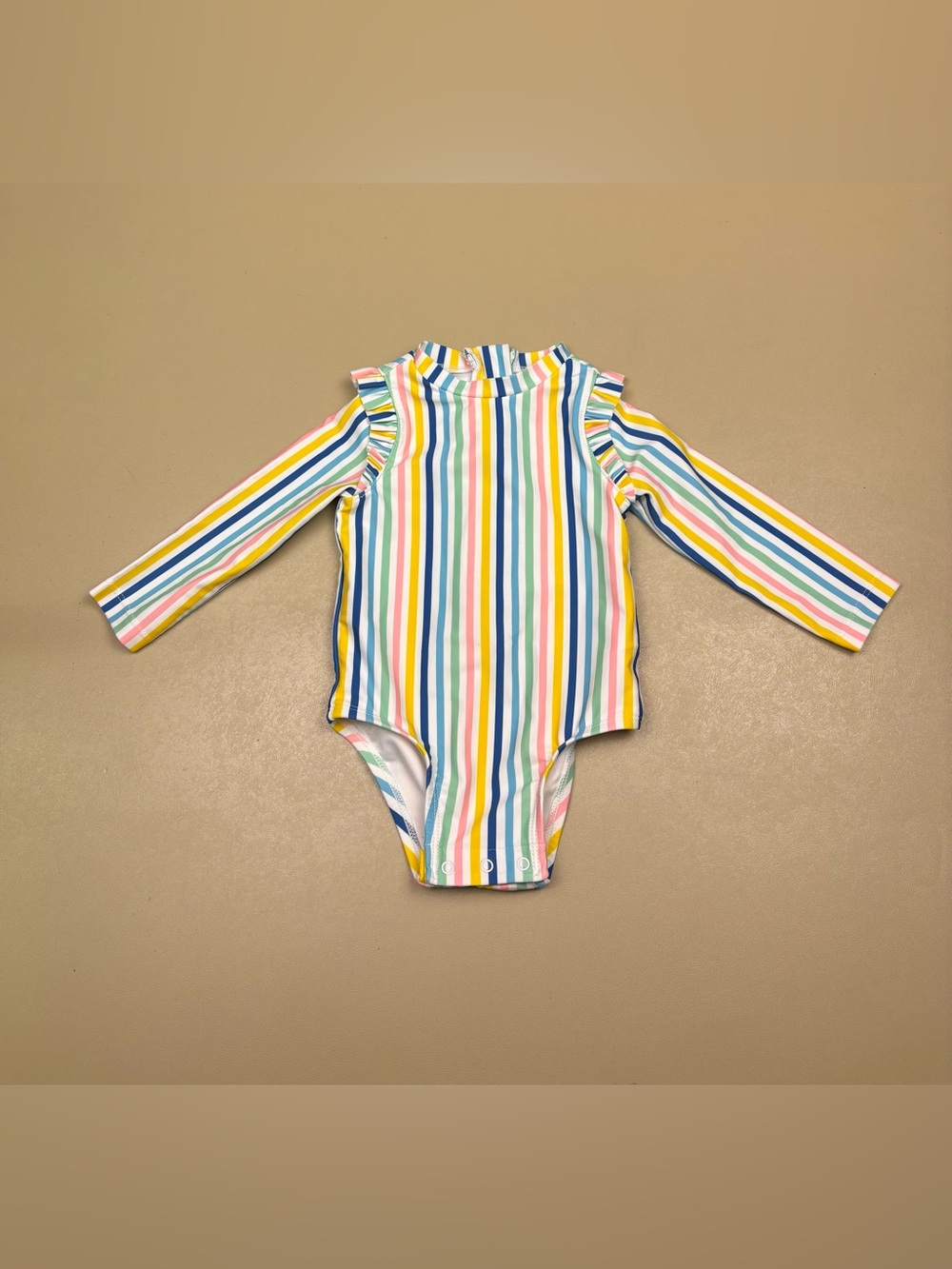 Old Navy Baby Rash Guard Swimsuit 6-12M Rainbow Stripe Ruffle EUC